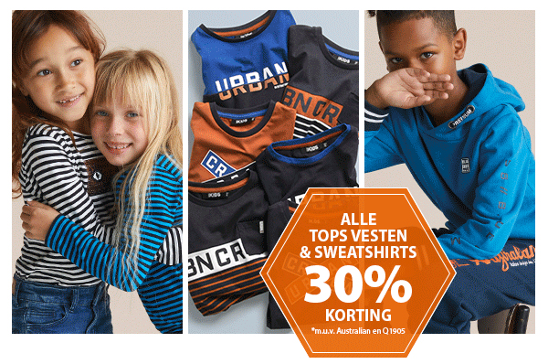 alle tops vesten en sweatshirts 30% korting