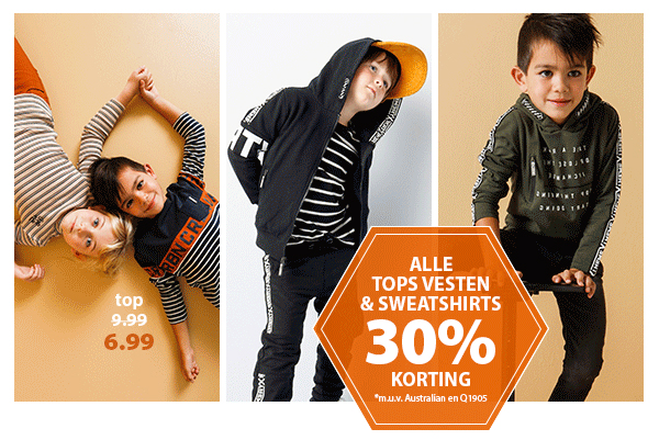 alle tops vesten en sweatshirts 30% korting